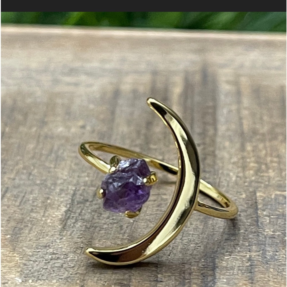 Amethyst Crescent Moon Ring.  Adjustable band is gold plated over brass